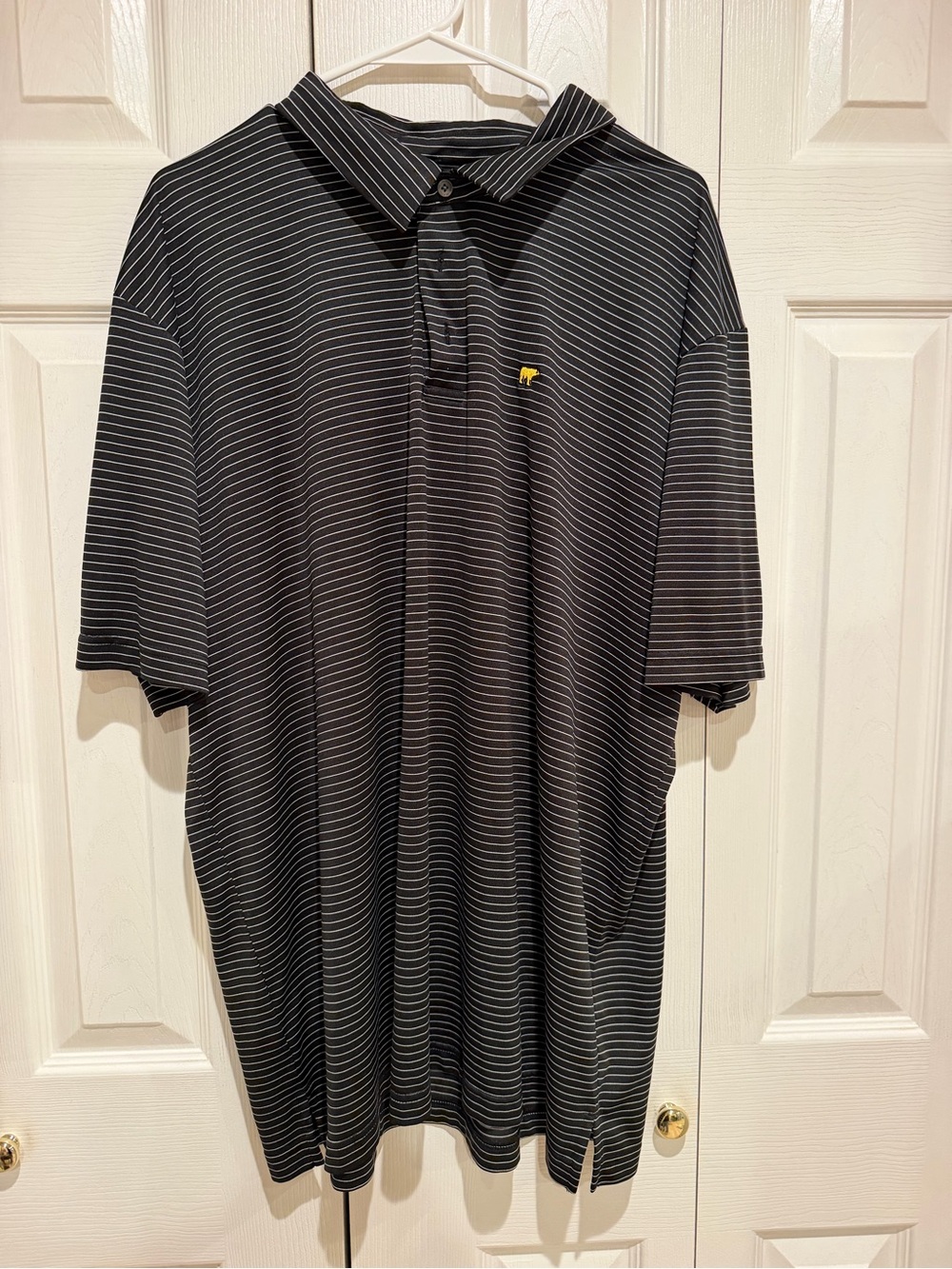 Men's Black Pinstripe Polo with Yellow Chest Emblem